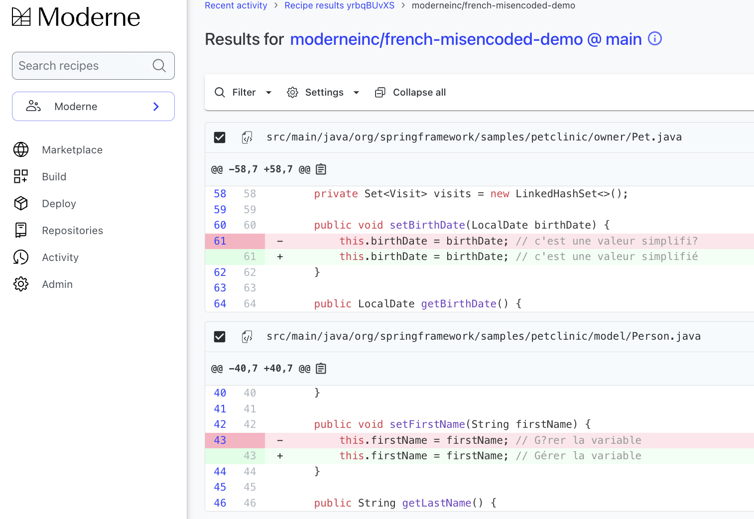 Figure 4. Showing diffs in the Moderne Platform of fixes for misencoded French