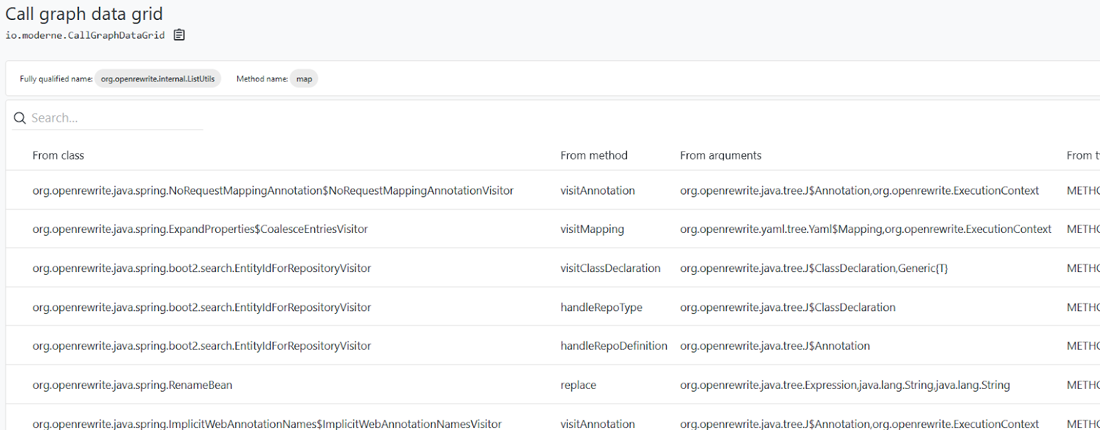 Figure 3. Data grid from “Find Call Graph” recipe in the Moderne Platform