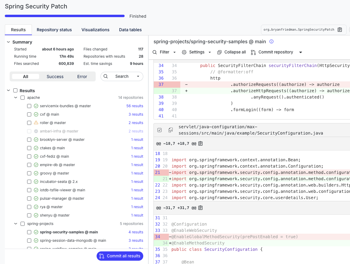 Moderne lets you see exactly what’s changing, then allows you to commit or open pull requests across all affected repositories.