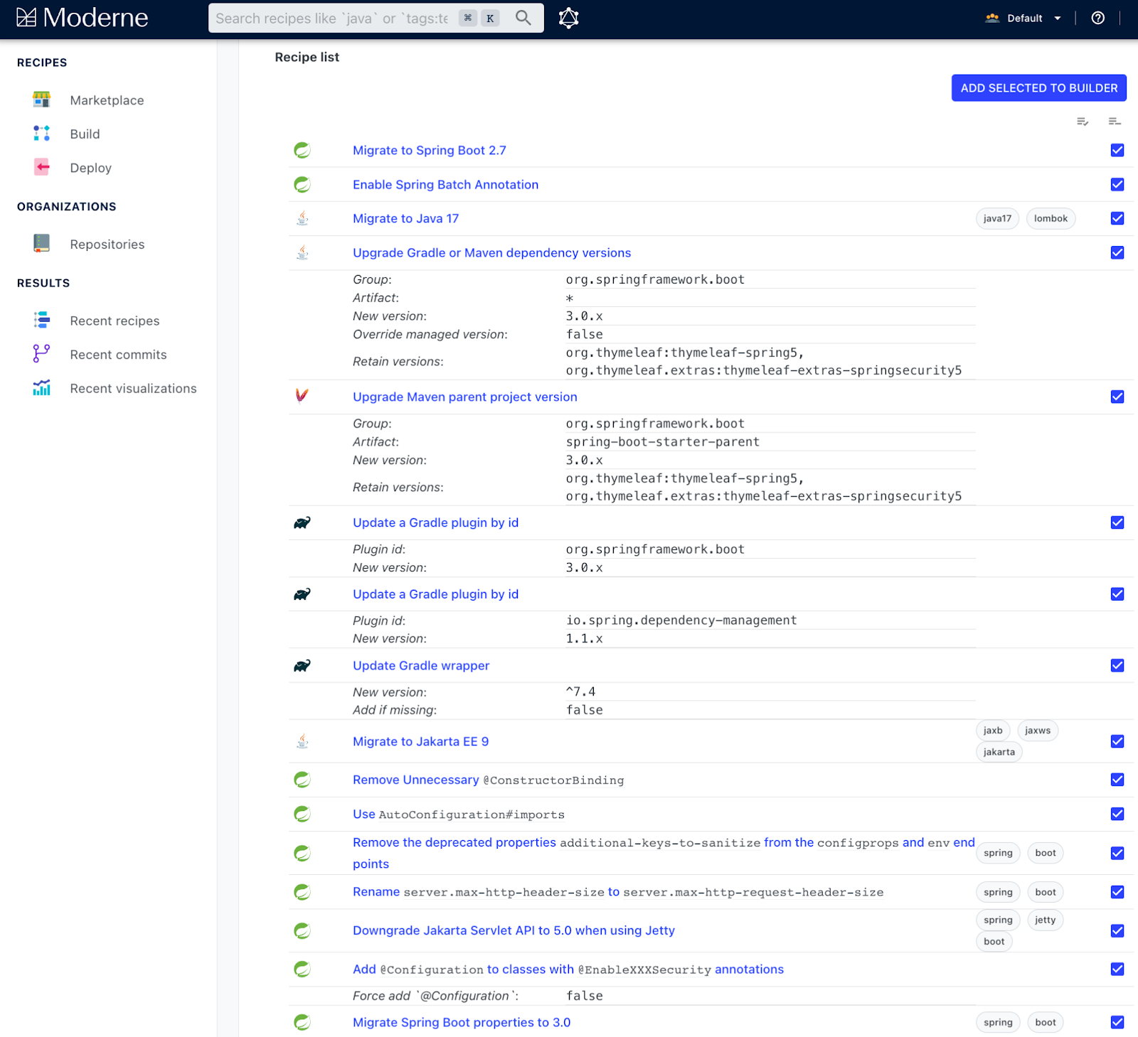 Figure 1. Spring Boot 2 to 3 software migration recipe automated with Moderne