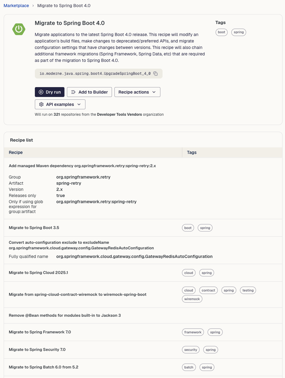 The Migrate to Spring Boot 4.0 recipe in Moderne, with its recipe list showing chained migrations to Spring Boot 3.5, Spring Cloud 2025.1, Spring Framework 7.0, Spring Security 7.0, and Spring Batch 6.0