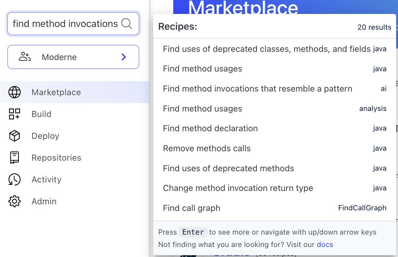 Figure 12. AI-assisted search in action on the Moderne Platform
