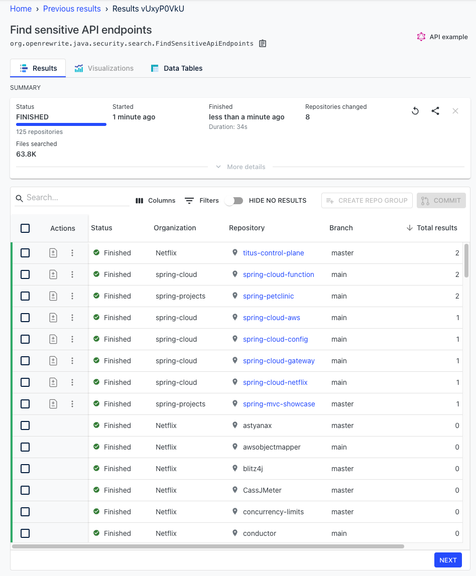 Figure 2: Find sensitive API endpoints results from Moderne