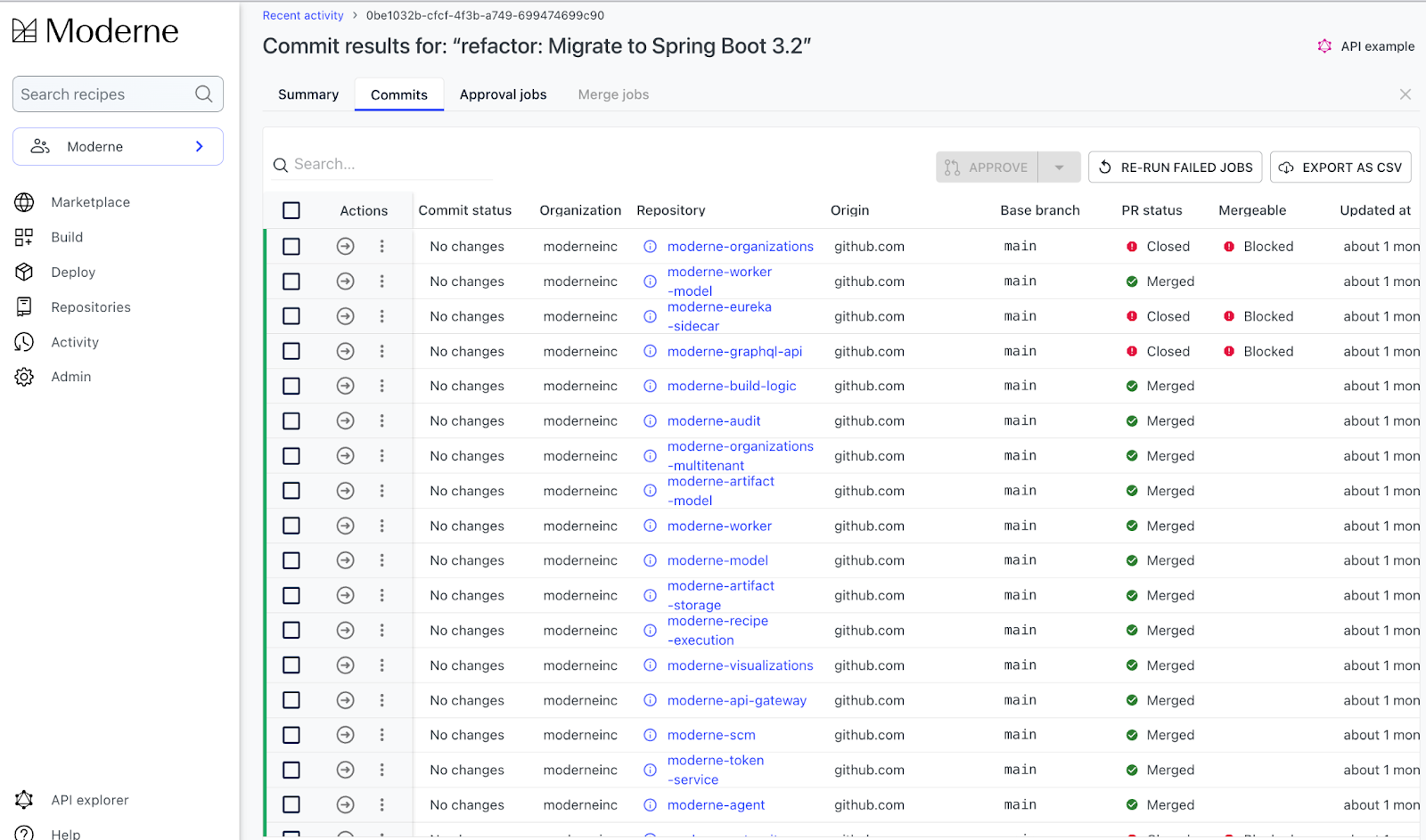 Figure 5. Moderne’s commit results after running the Spring Boot 3.2 migration recipe