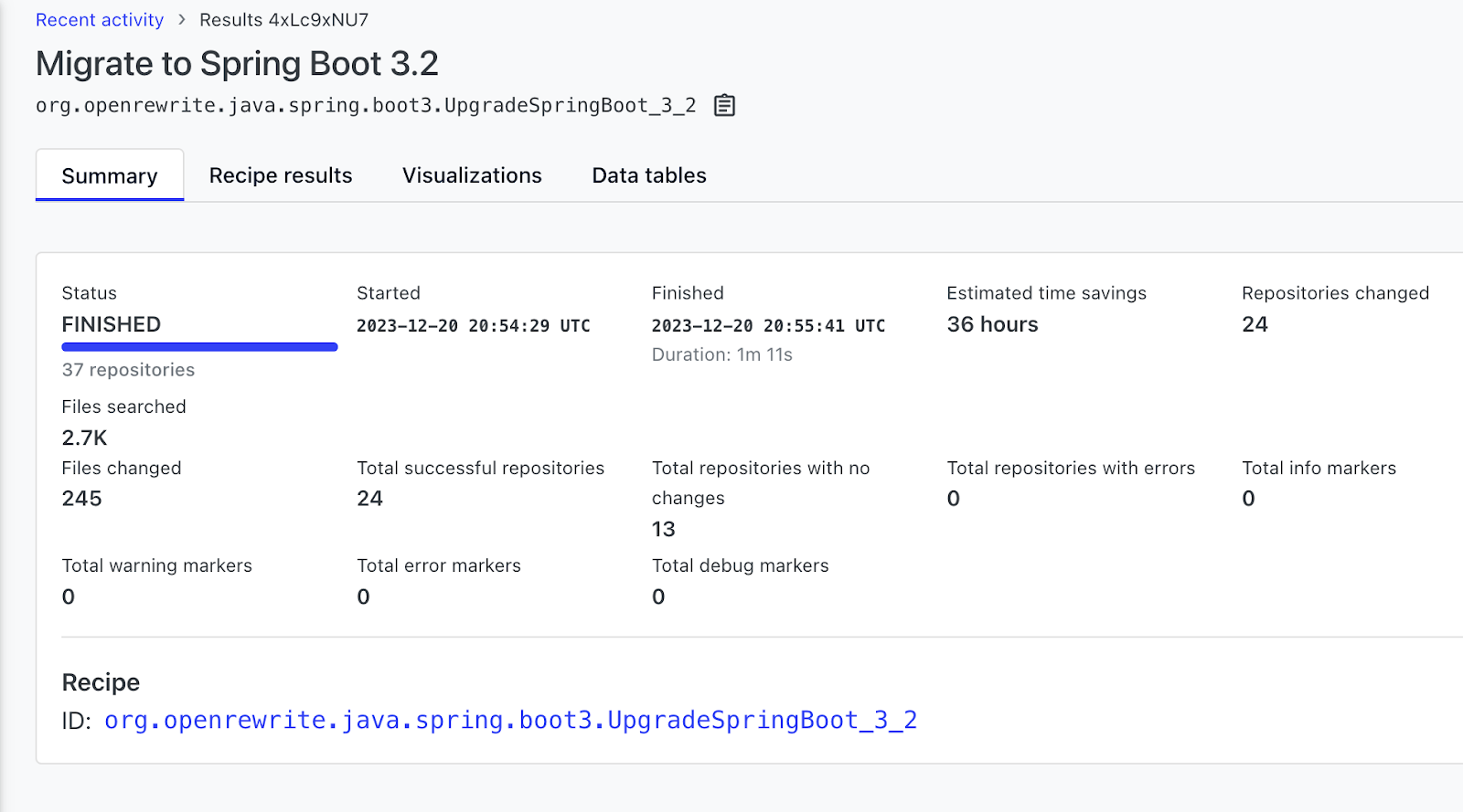 Figure 3. Spring Boot 3.2 recipe results for Moderne’s migration