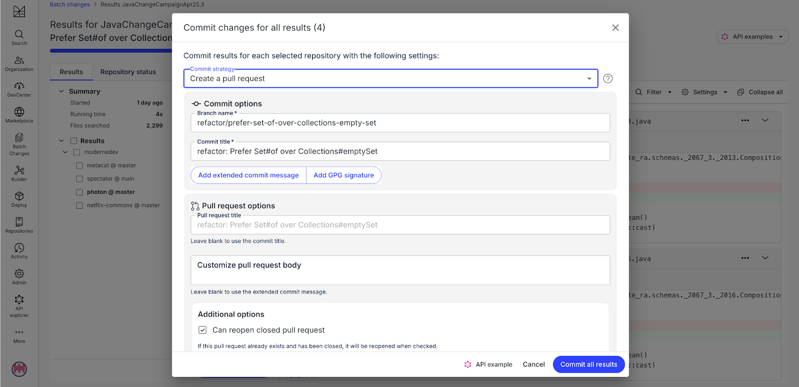 Figure 2. Creating a pull request in the Moderne Platform