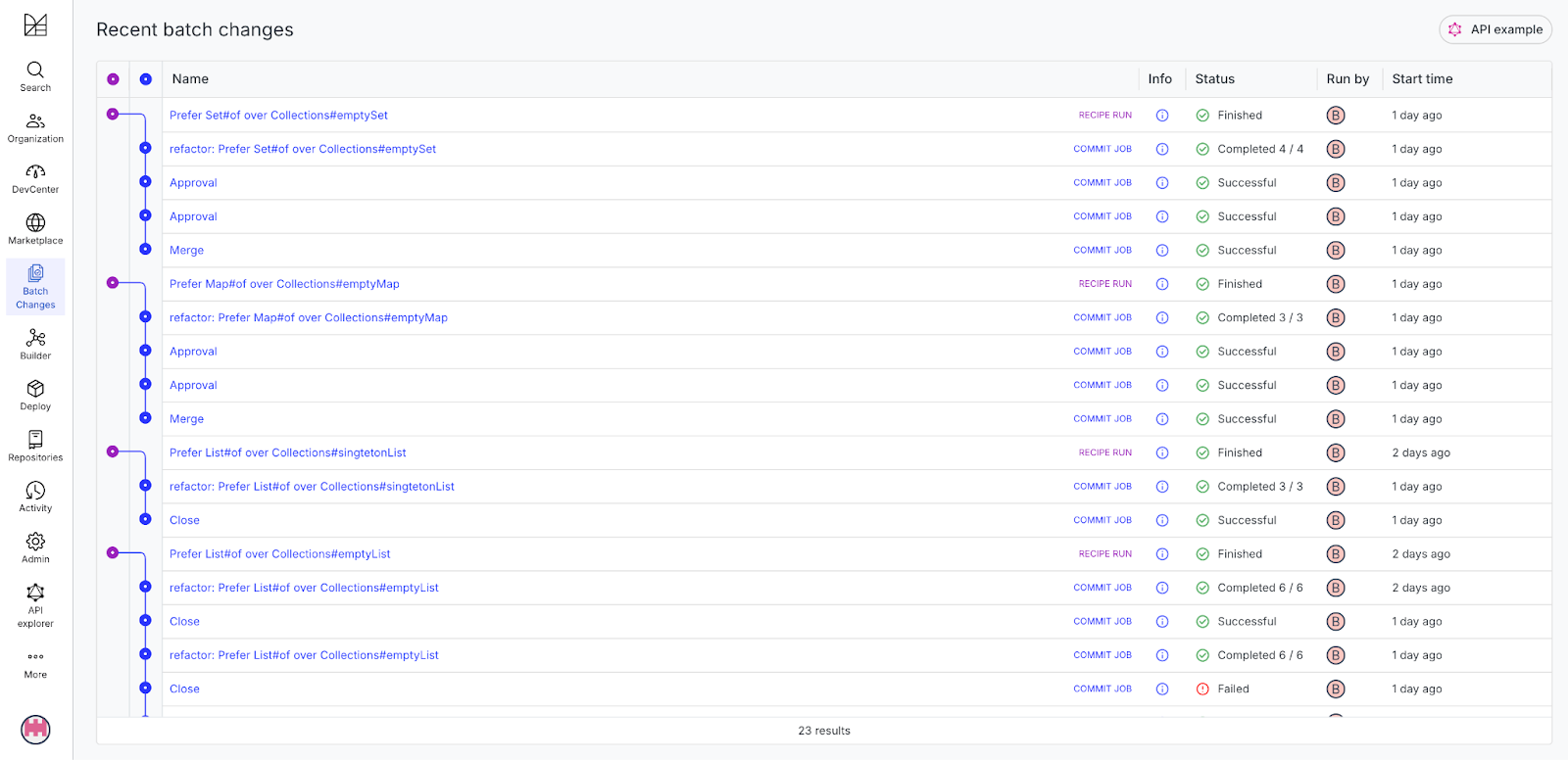 Figure 4. Tracking commit and PR status in the Batch Changes Activity View