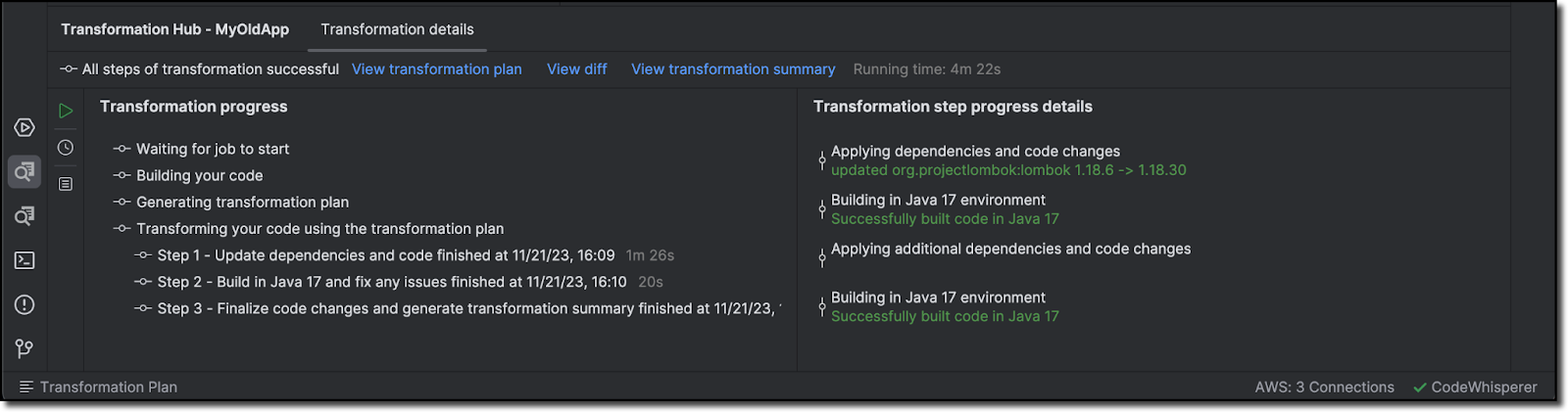 Figure 3. Amazon Q Code Transformation assistant in action