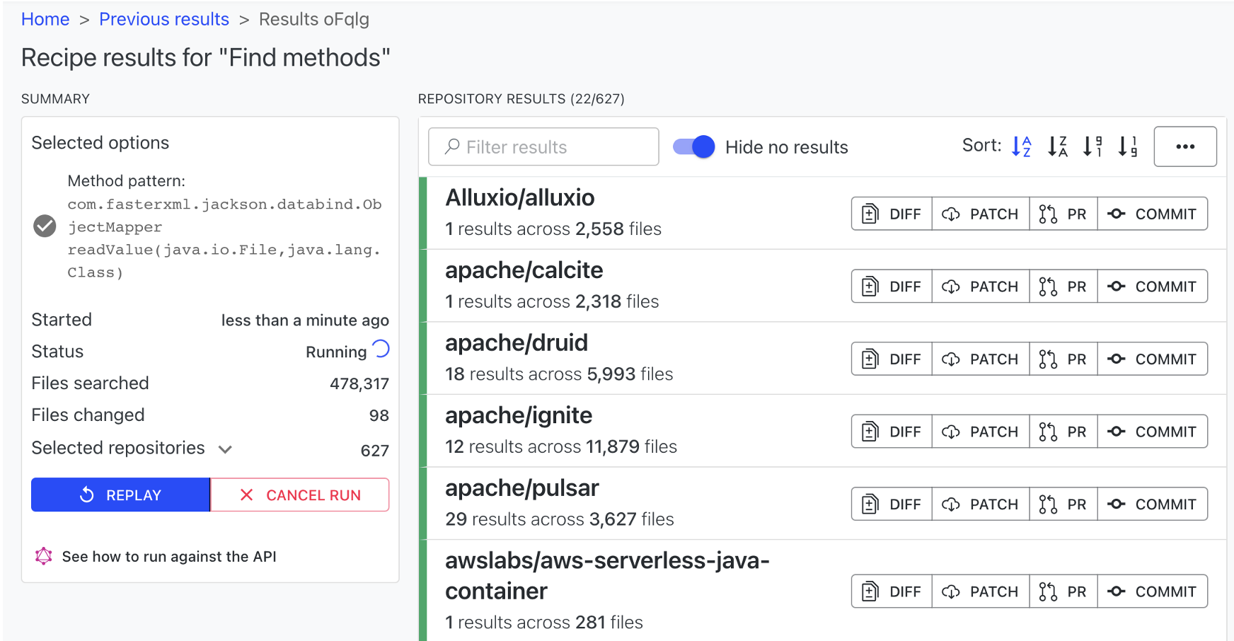The result of a find operation initiated from IntelliJ.