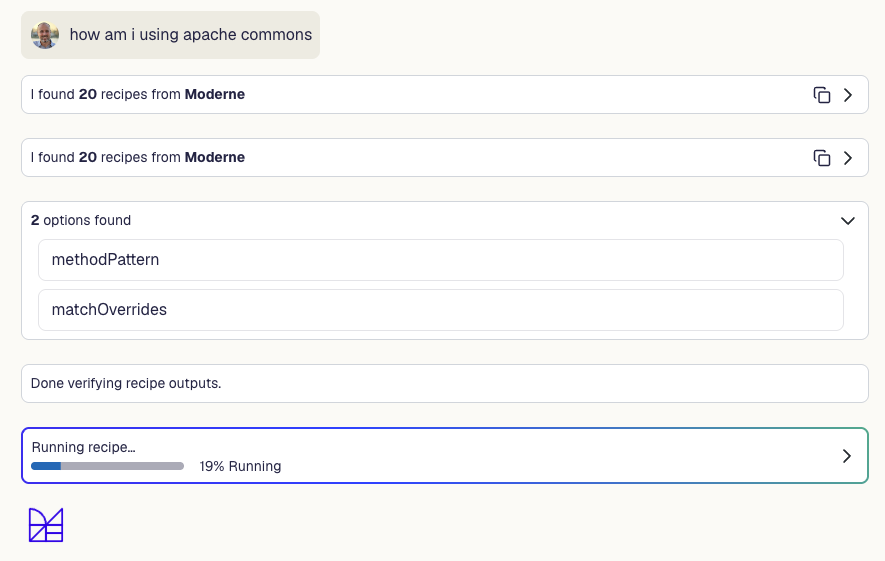 Figure 2. Moddy answering the question "How am I using Apache Commons?"