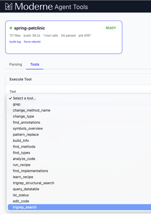 The Moderne Agent Tools browser: a spring-petclinic project card marked ready, with the Execute Tool list open