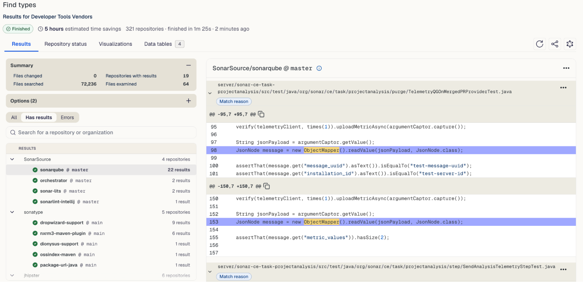 Find types results across 321 repositories: 19 repositories with results, with ObjectMapper matches highlighted in the code