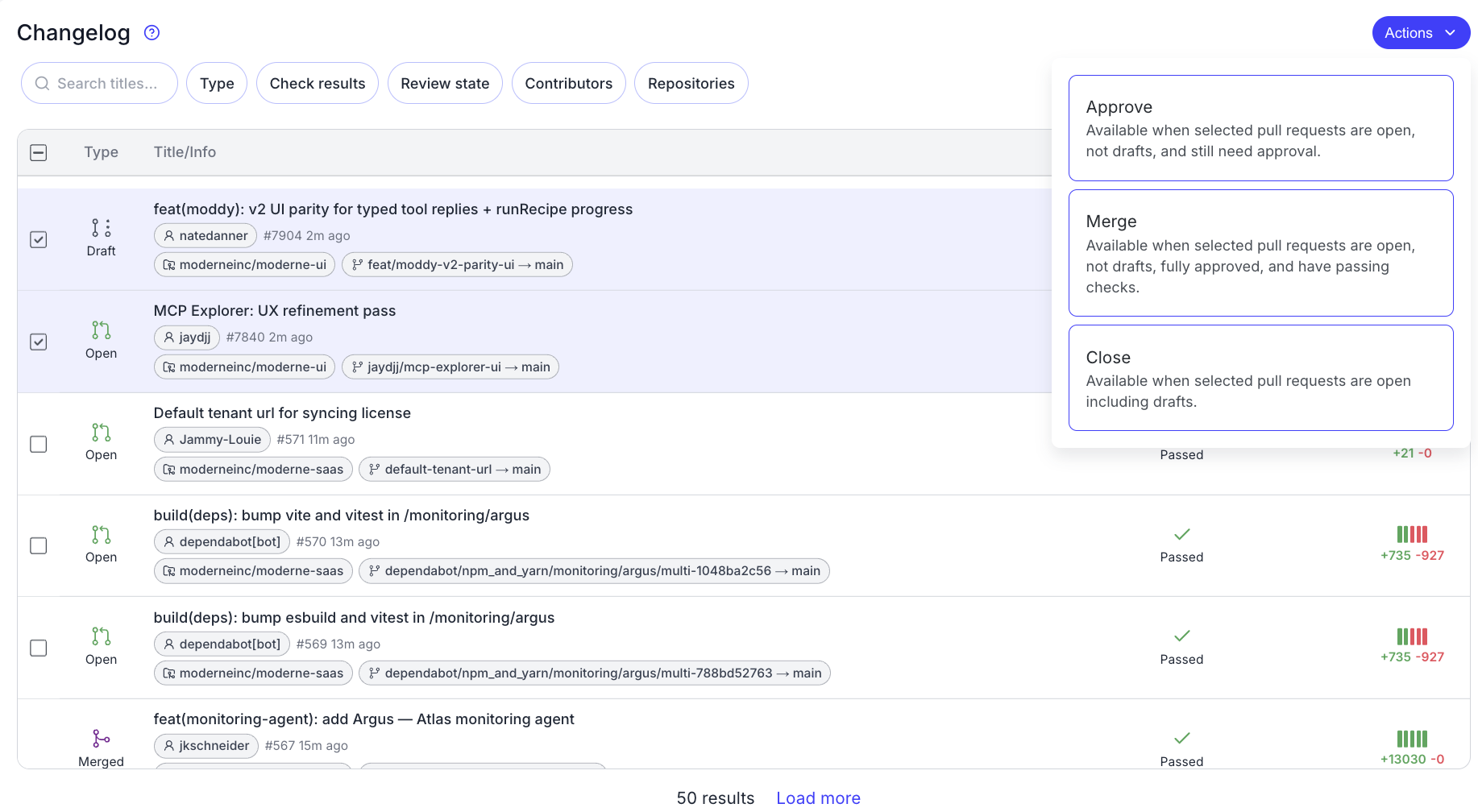 Moderne Changelog: unified pull request feed across repositories with bulk action panel