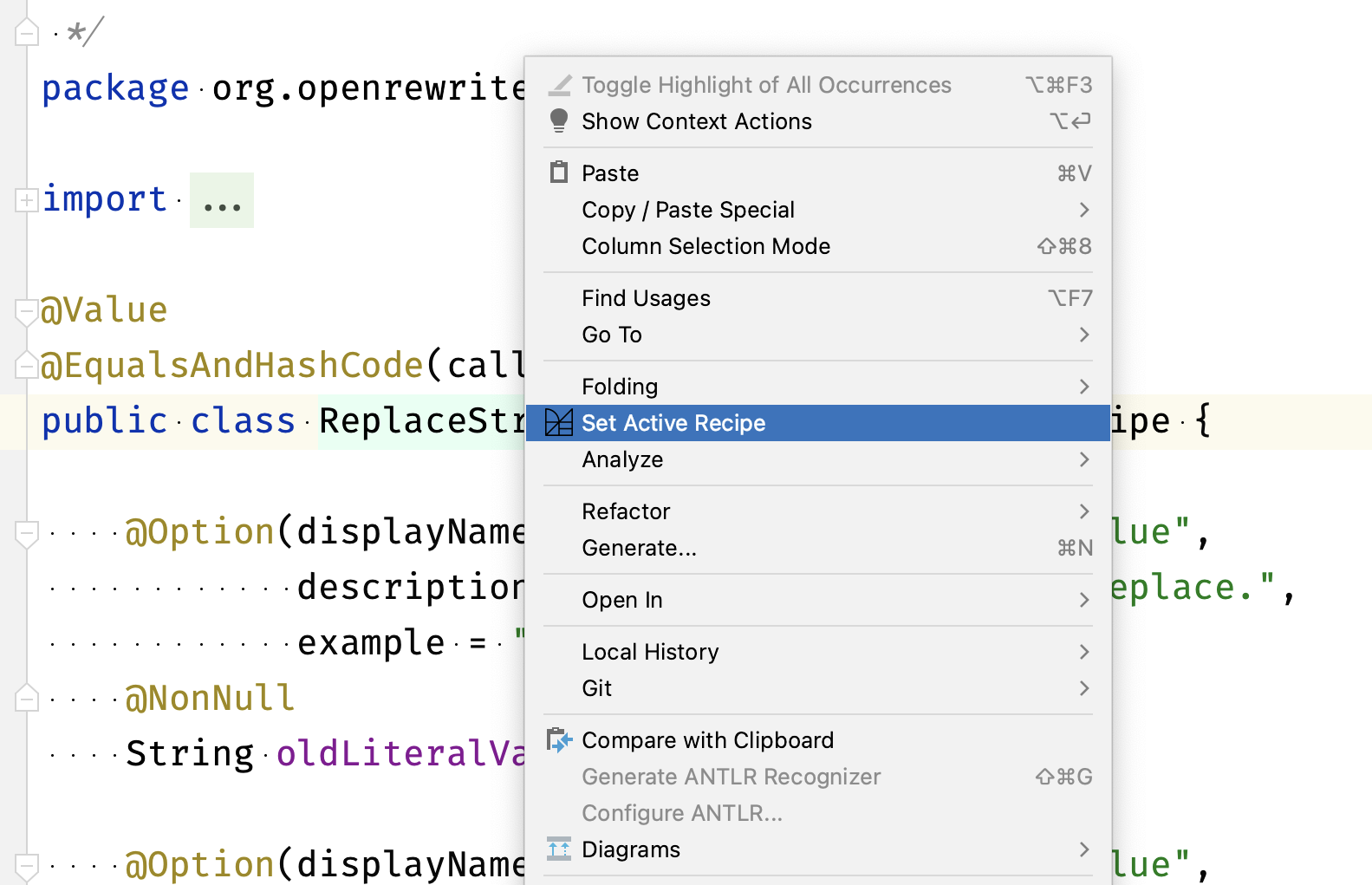 Figure 5. Setting an active recipe with the Moderne IDE plugin