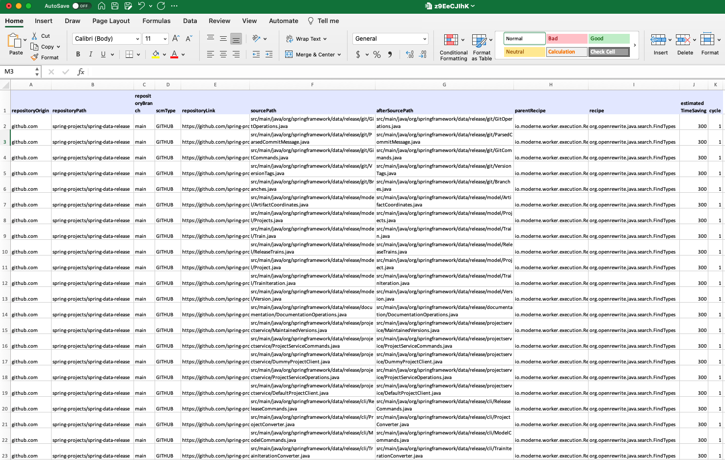 Moderne data table from the "Find Types" recipe