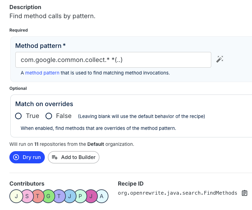 “Find Methods” recipe to identify method invocations in the collect package of Google’s Guava library