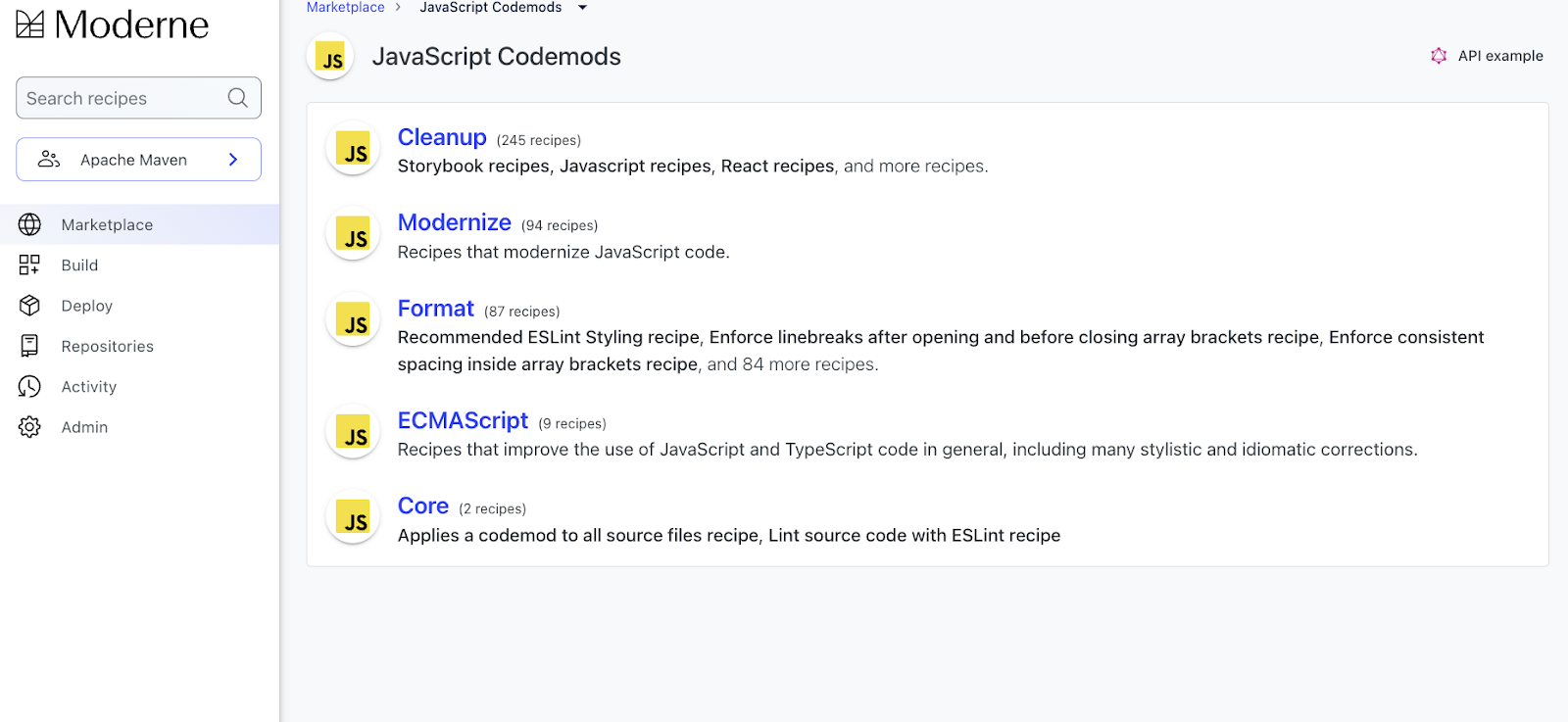 Figure 1. Top-level catalog of JavaScript recipes in the Moderne platform