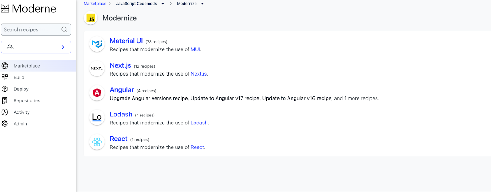 Figure 2. Modernization and migration codemods recipes in the Moderne Platform