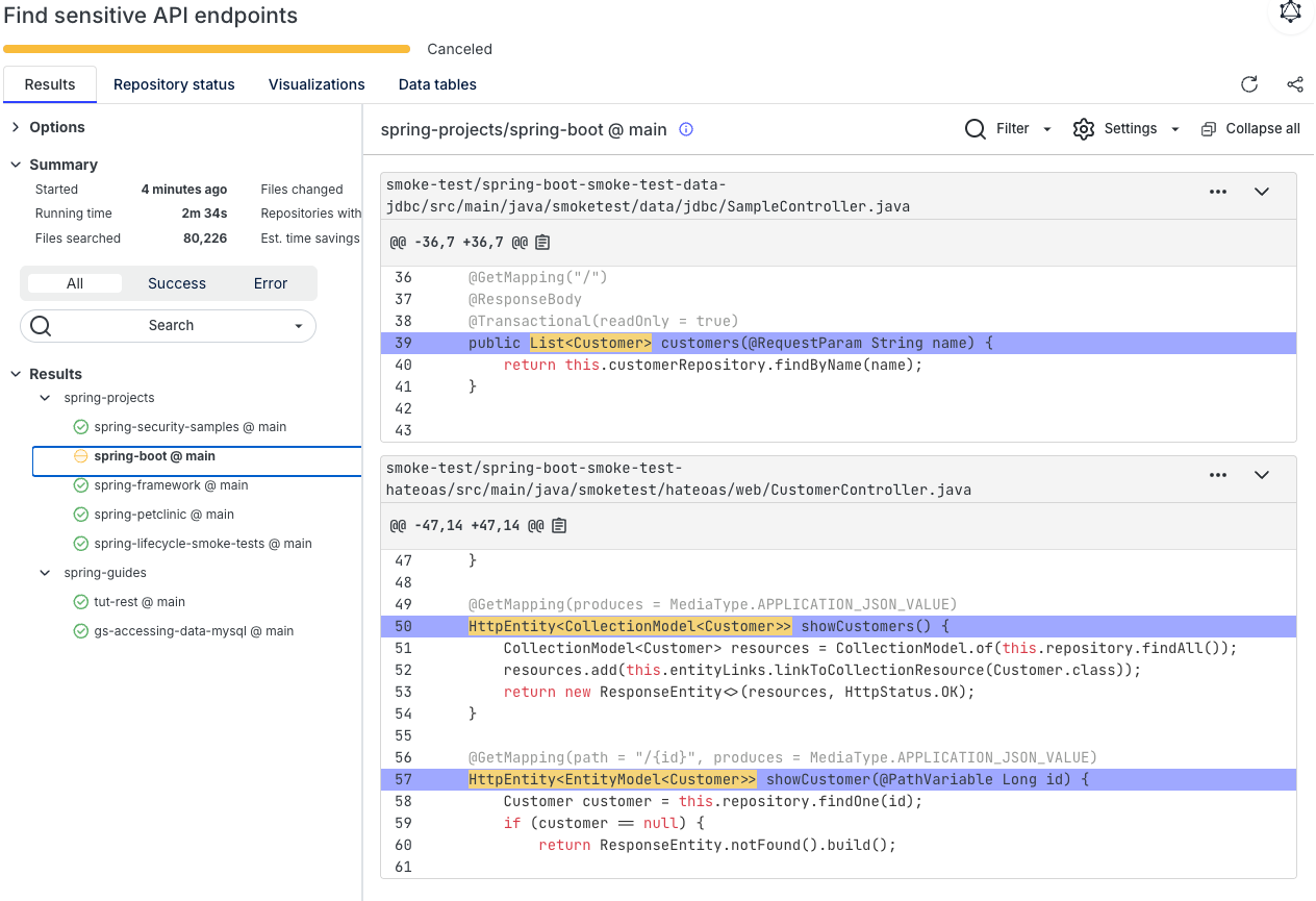 Figure 7. The “Find sensitive API endpoints” recipe finds data models exposed by REST APIs that contain sensitive information like PII and secrets, even if they are buried within types.
