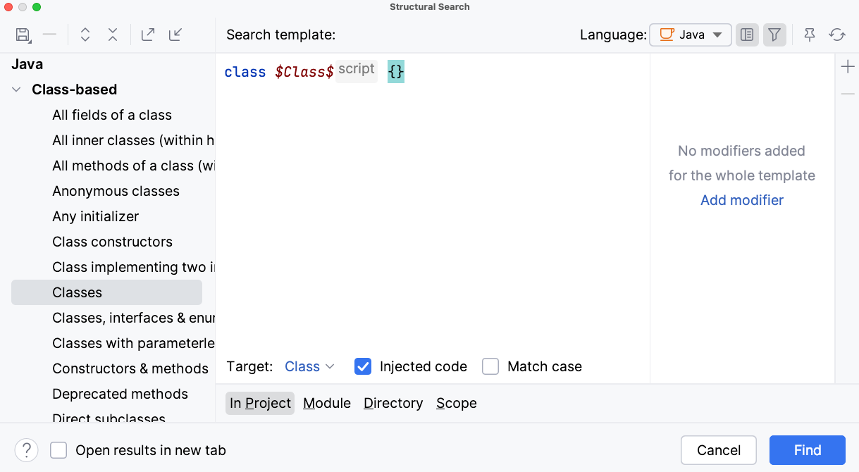 Figure 1. Example of structural search in the IntelliJ IDE.