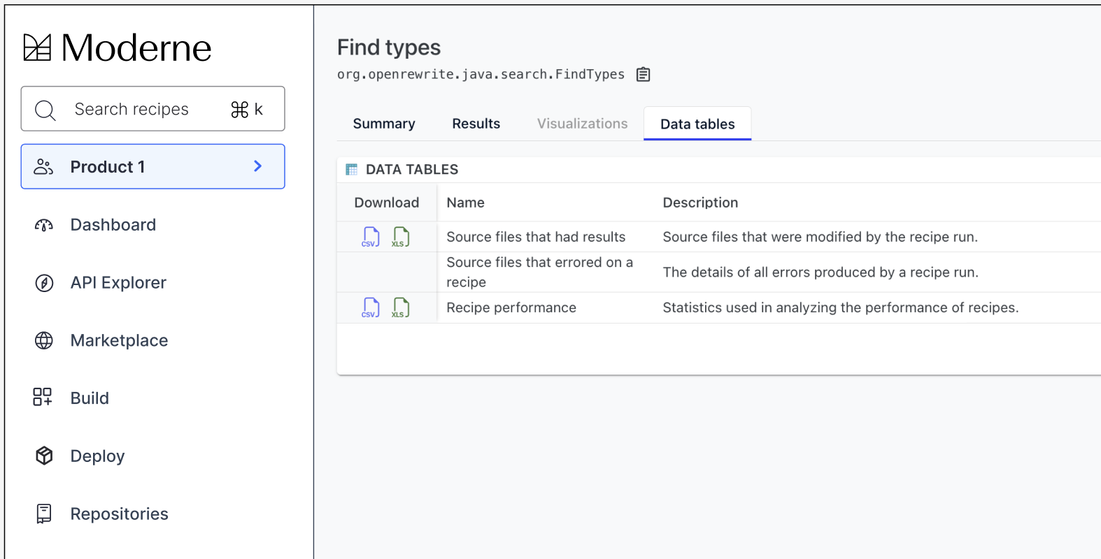 Figure 1. Where to access data tables in the Moderne Platform