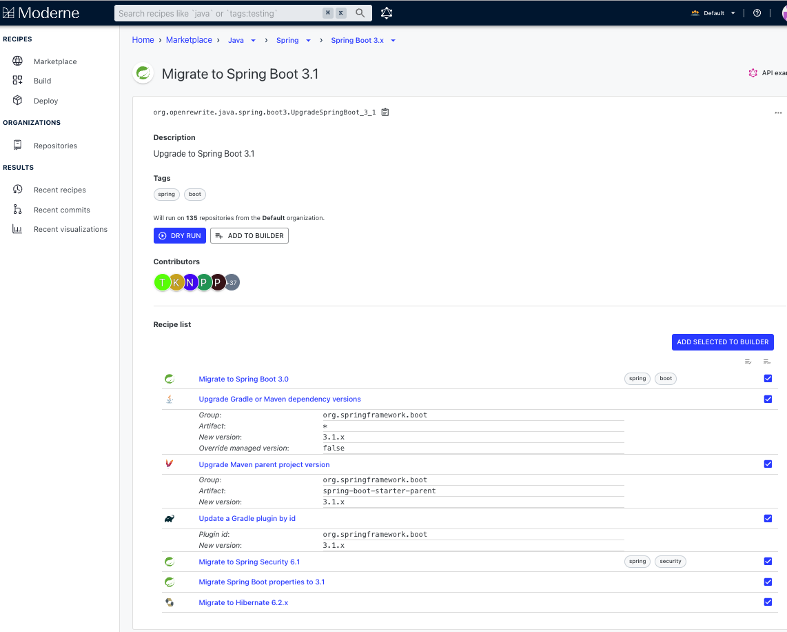 Figure 4. “Migrate to Spring Boot 3.1” recipe in the Moderne Platform marketplace