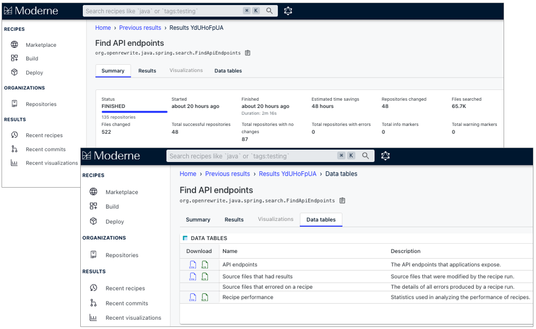 Figure 6. “Find API endpoints” recipe execution and data tables