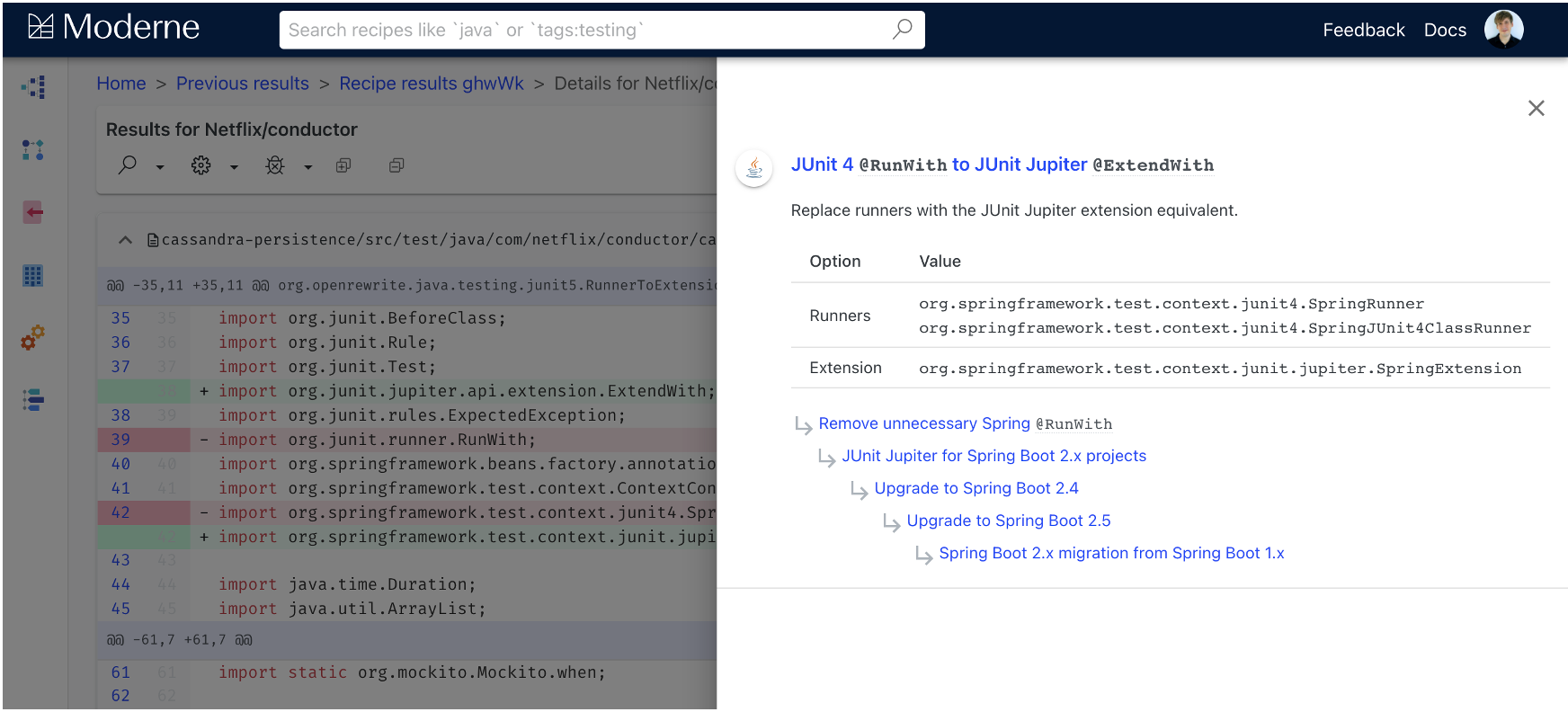 The lineage of a suggested change to JUnit tests.