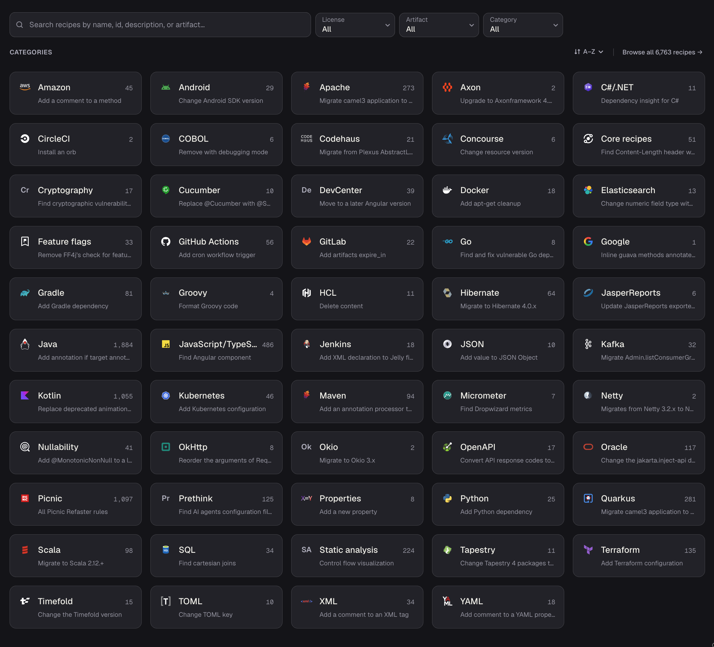 The recipe catalog: a search field with License, Artifact and Category filters above a grid of recipe categories — Amazon, Android, Apache, Axon, C#/.NET, Java, JavaScript/TypeScript, Kotlin, Maven, Static analysis and more — each with its recipe count and an example recipe, beside a link to browse all 6,763 recipes.