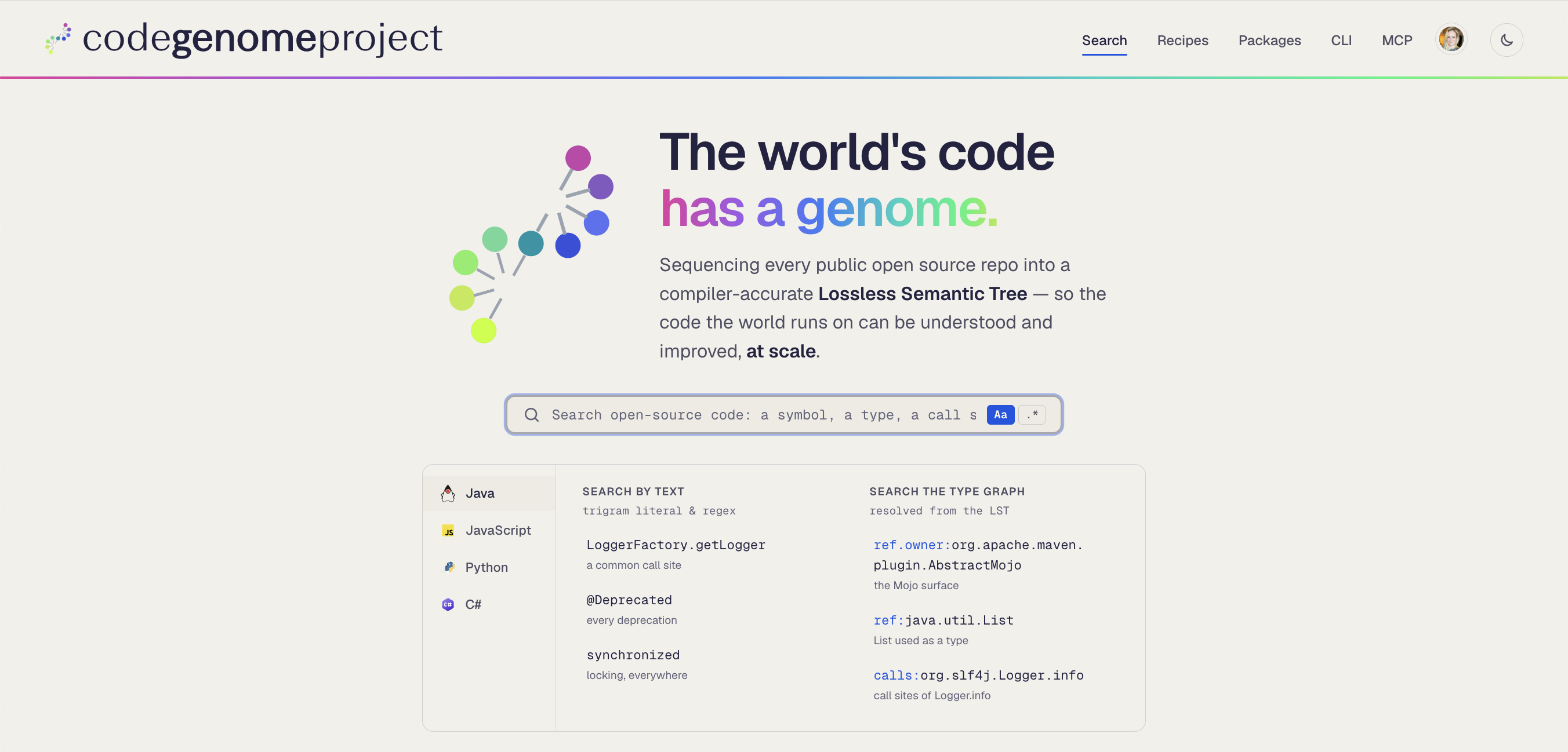 The Code Genome Project homepage with search for compiler-accurate open source packages