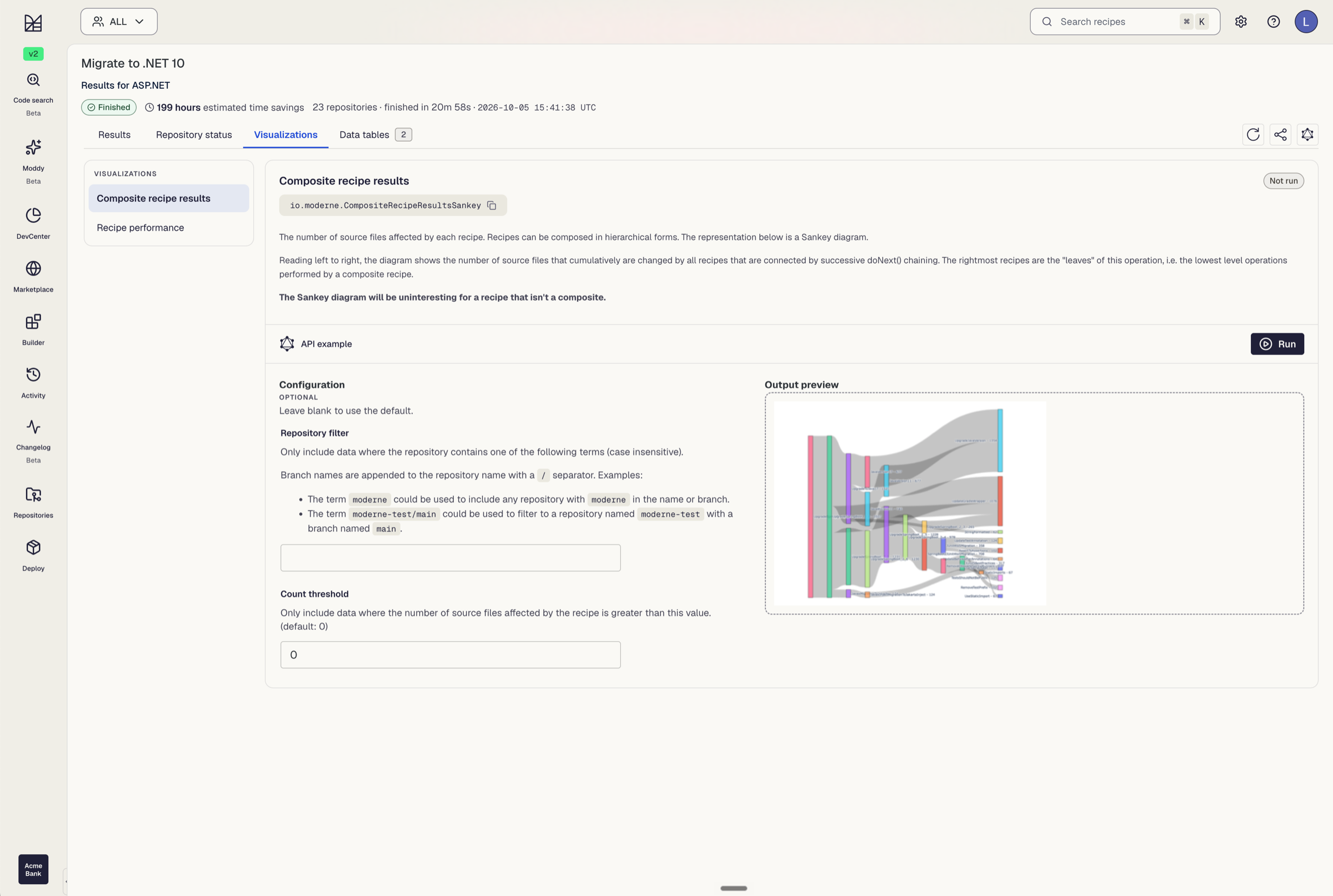 A Sankey visualization of the “Migrate to .NET 10” composite recipe, showing how many source files each sub-recipe changed.