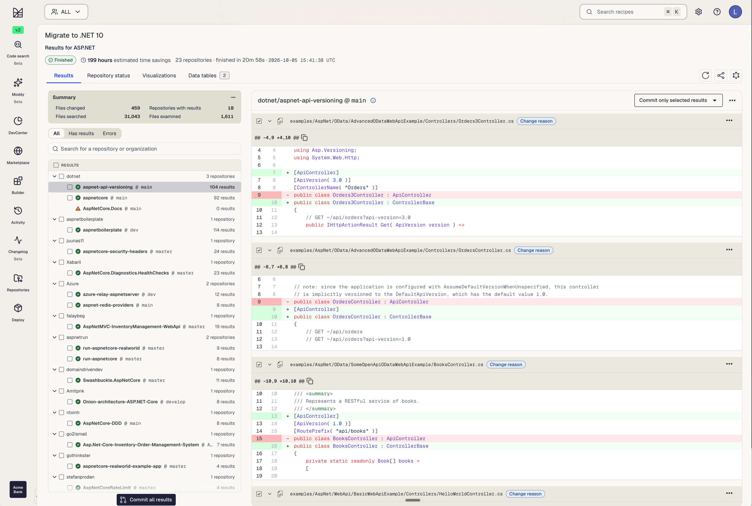 A “Migrate to .NET 10” recipe run for ASP.NET, showing reviewable code diffs across repositories.