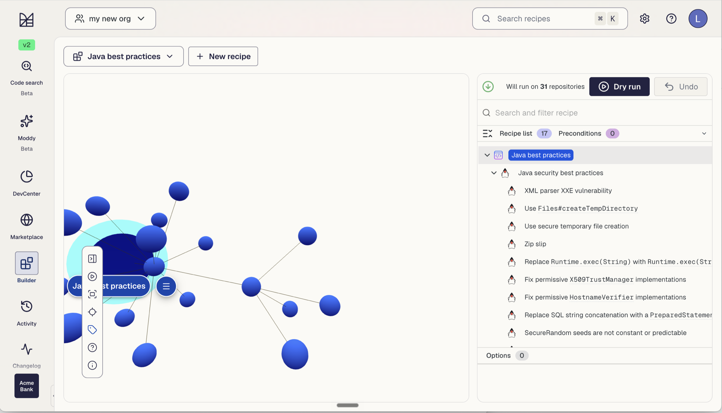 The Moderne recipe builder for a Java best-practices recipe, showing the composed recipe graph and its security sub-recipes.