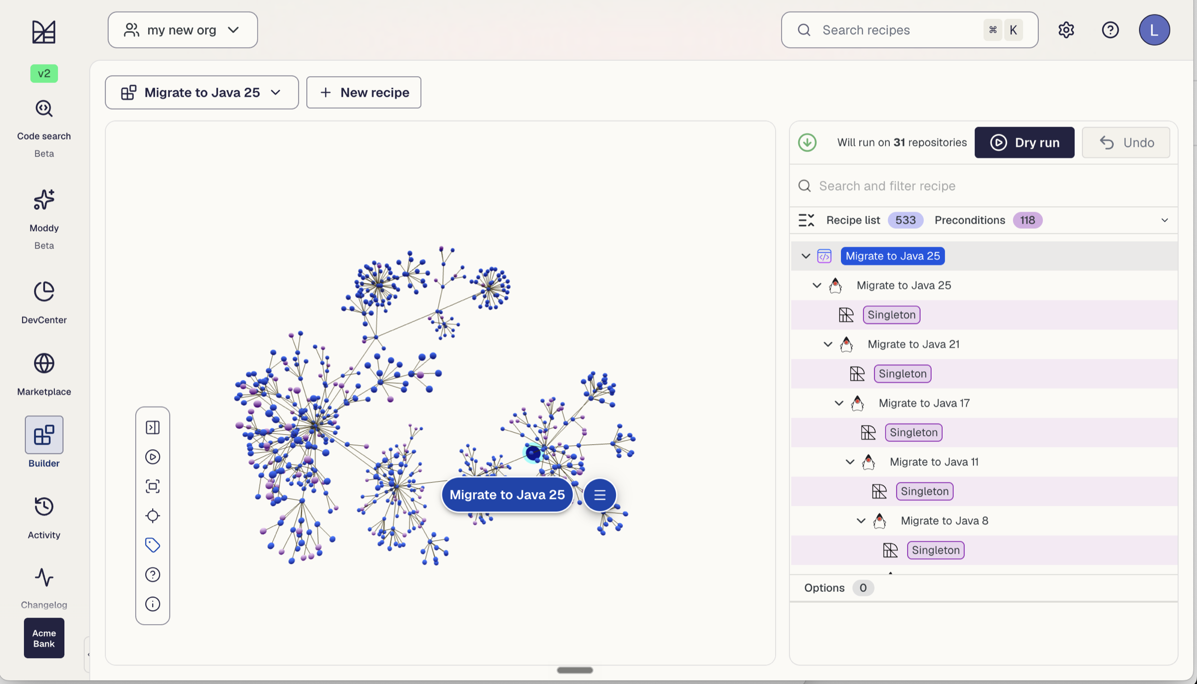 The Moderne recipe builder for “Migrate to Java 25”, showing the composite recipe graph chaining the Java 8-through-25 upgrade path.