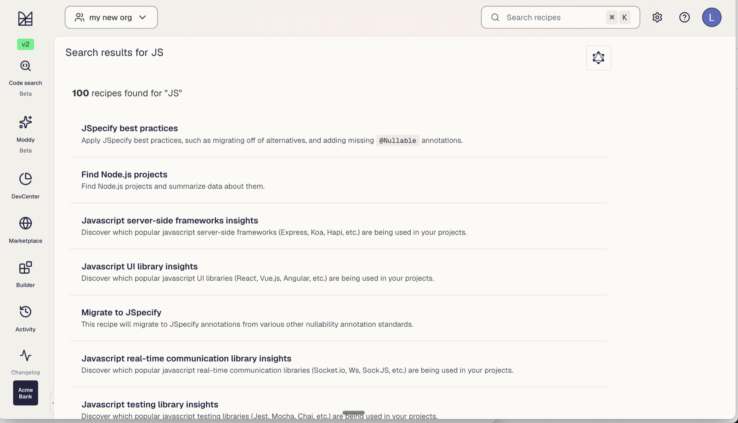 Moderne recipe search results for JS, listing JSpecify, Node.js, and JavaScript framework and library recipes.