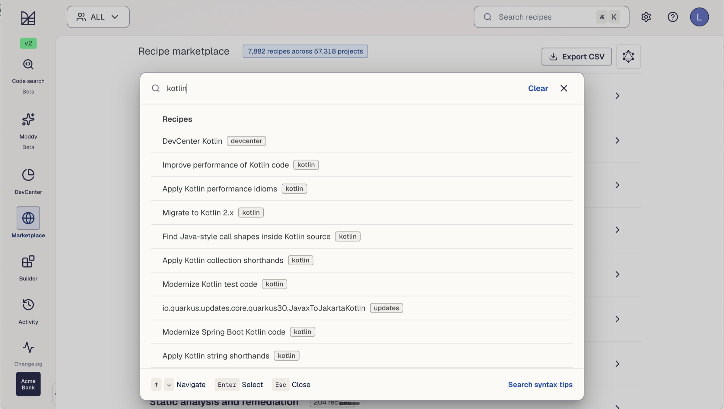 The Moderne recipe marketplace searched for Kotlin recipes, spanning thousands of recipes across tens of thousands of projects.