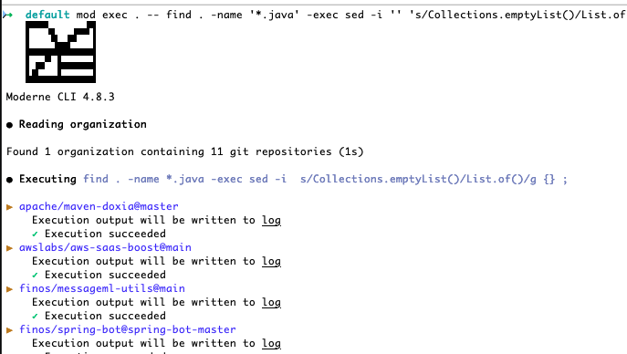 Moderne CLI executing a batch change across repositories with mod exec