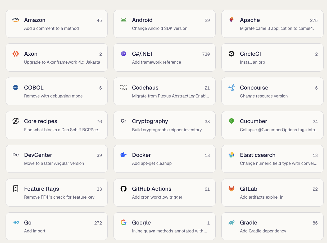 Recipe marketplace category cards with recipe counts and examples