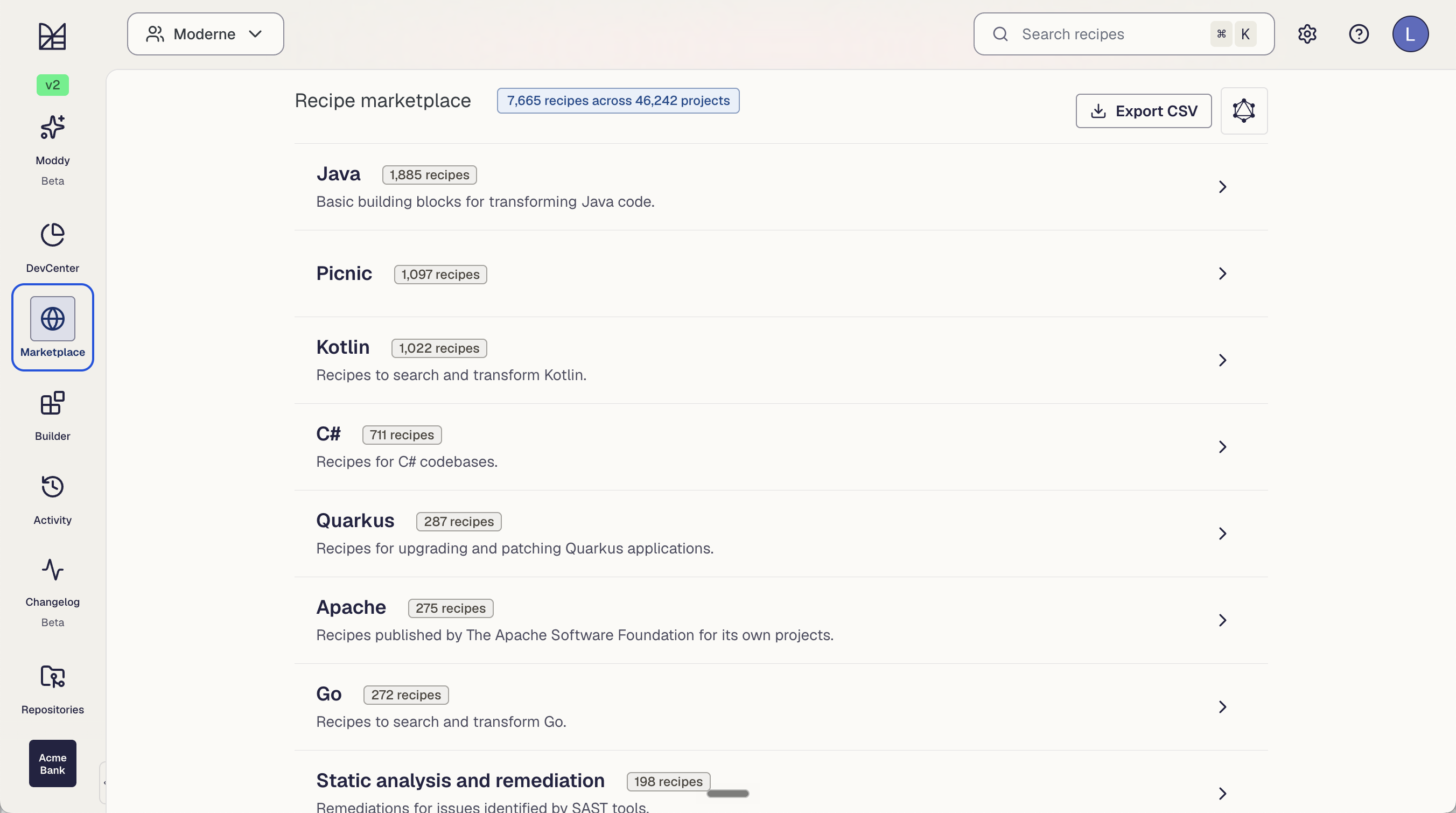 Moderne recipe marketplace showing recipe categories across the organization