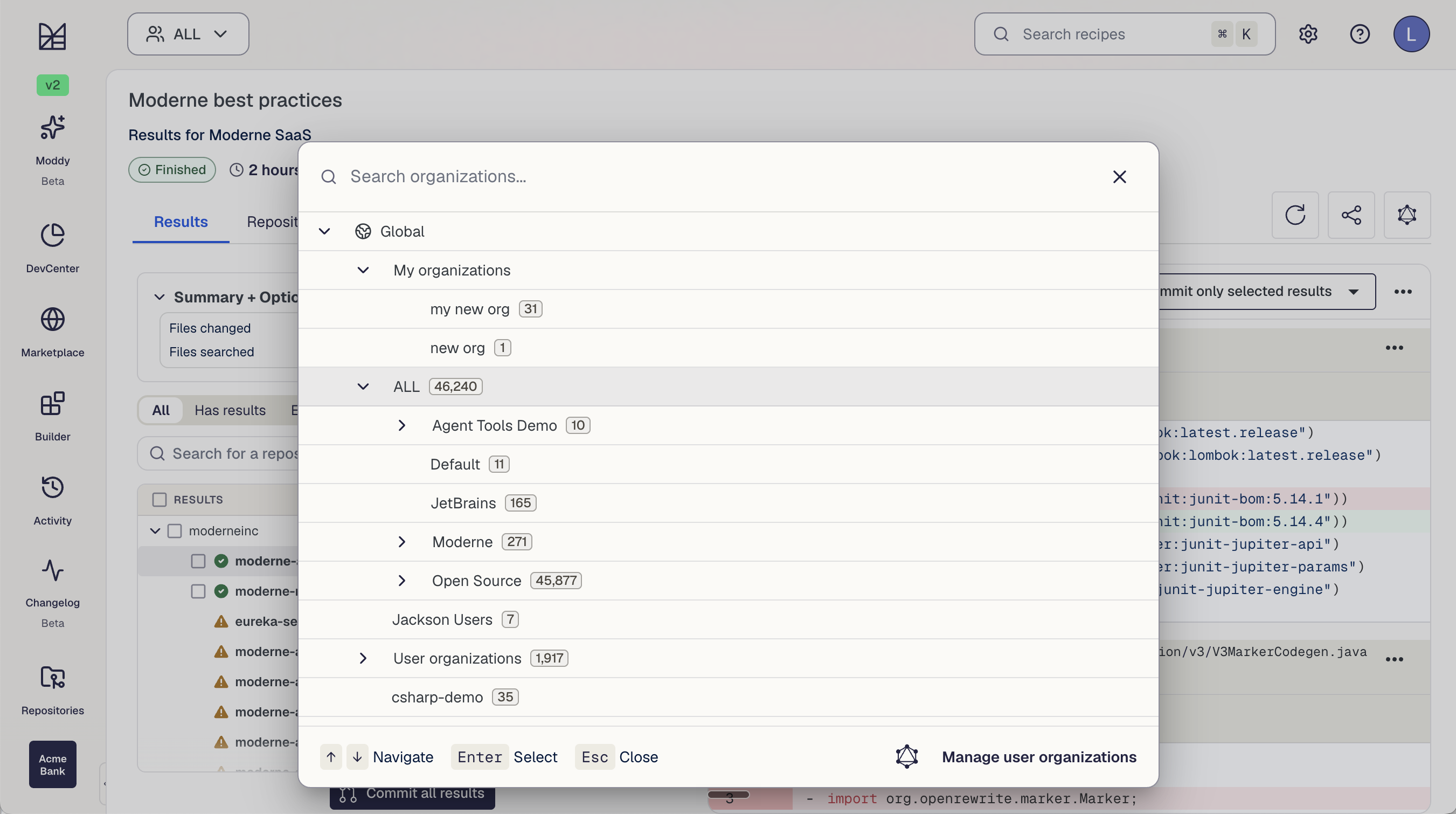 Moderne organization picker: repositories grouped by organization with per-team and per-business-unit counts