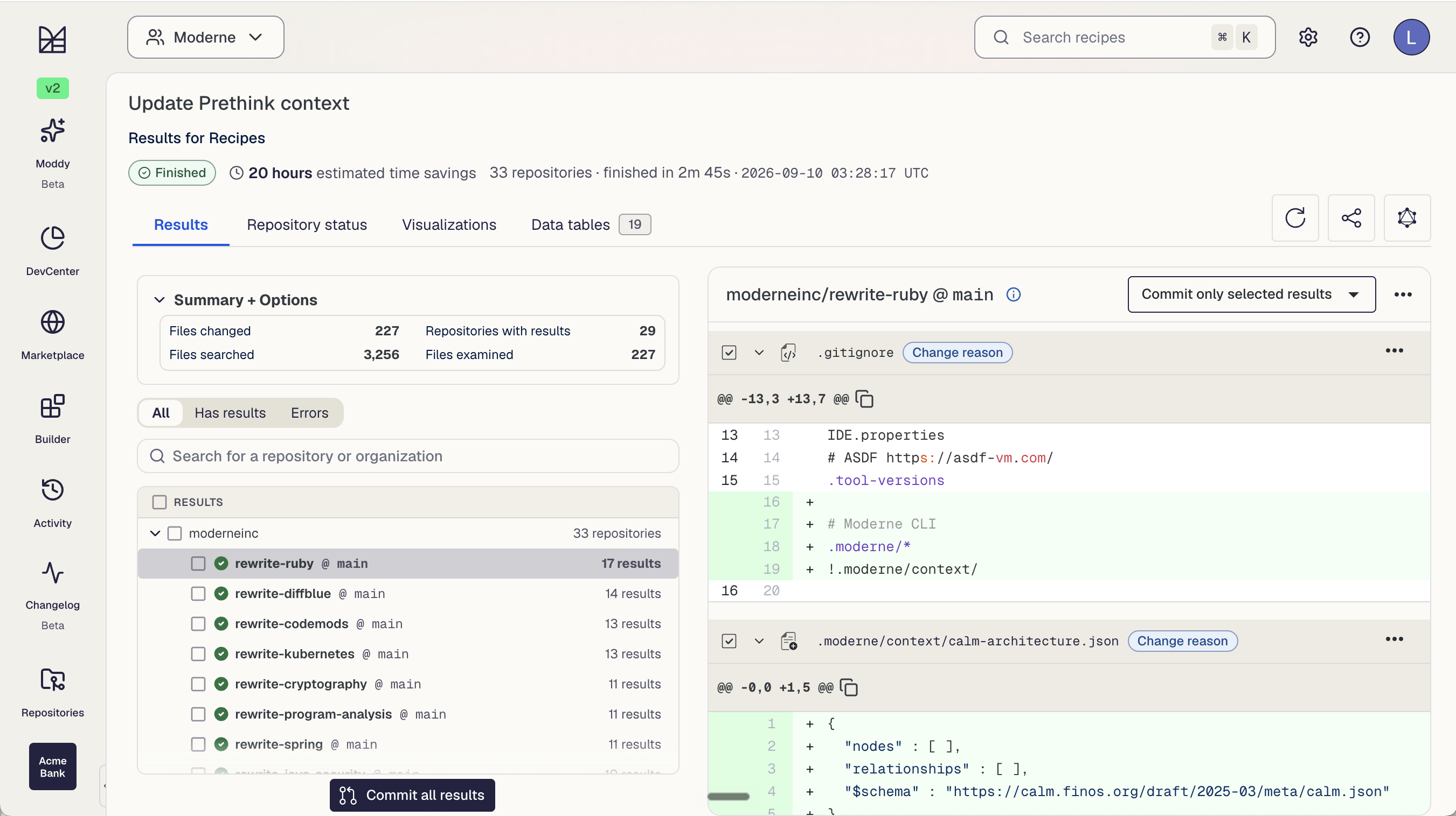 Moderne recipe run: Update Prethink context results with per-repository diffs