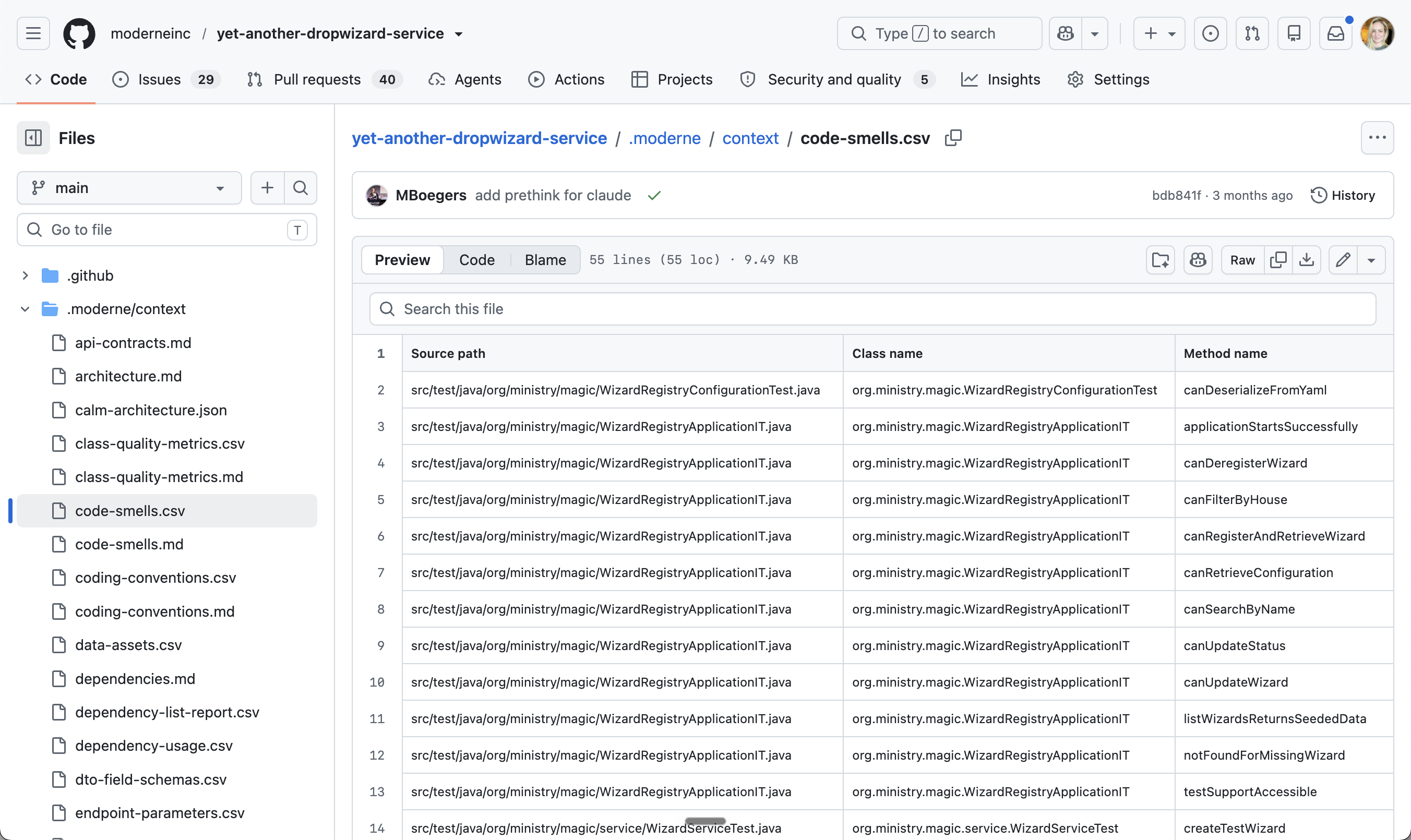 code-smells.csv on GitHub: a table of source path, class name, and method name