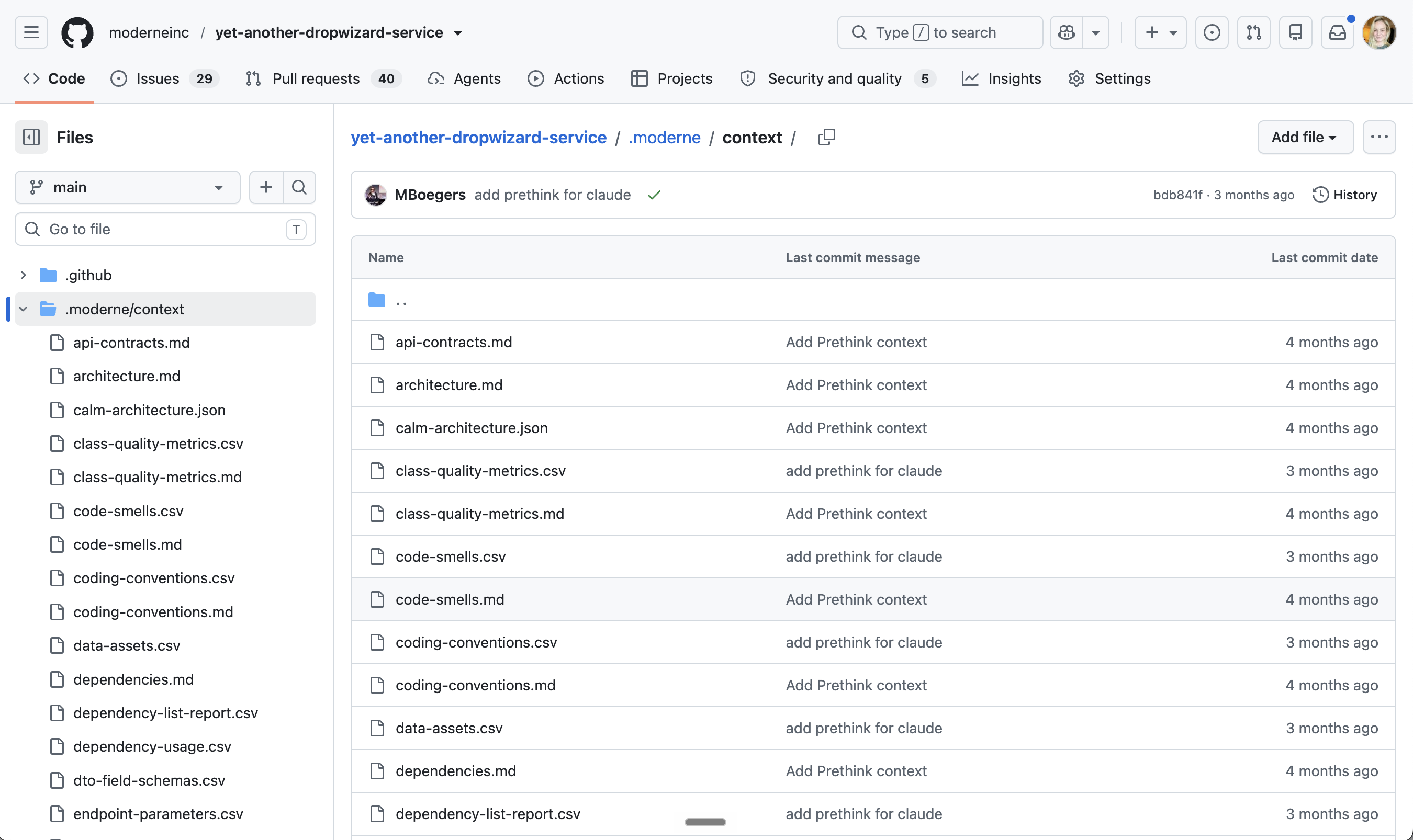 The .moderne/context directory on GitHub, listing the Prethink context files