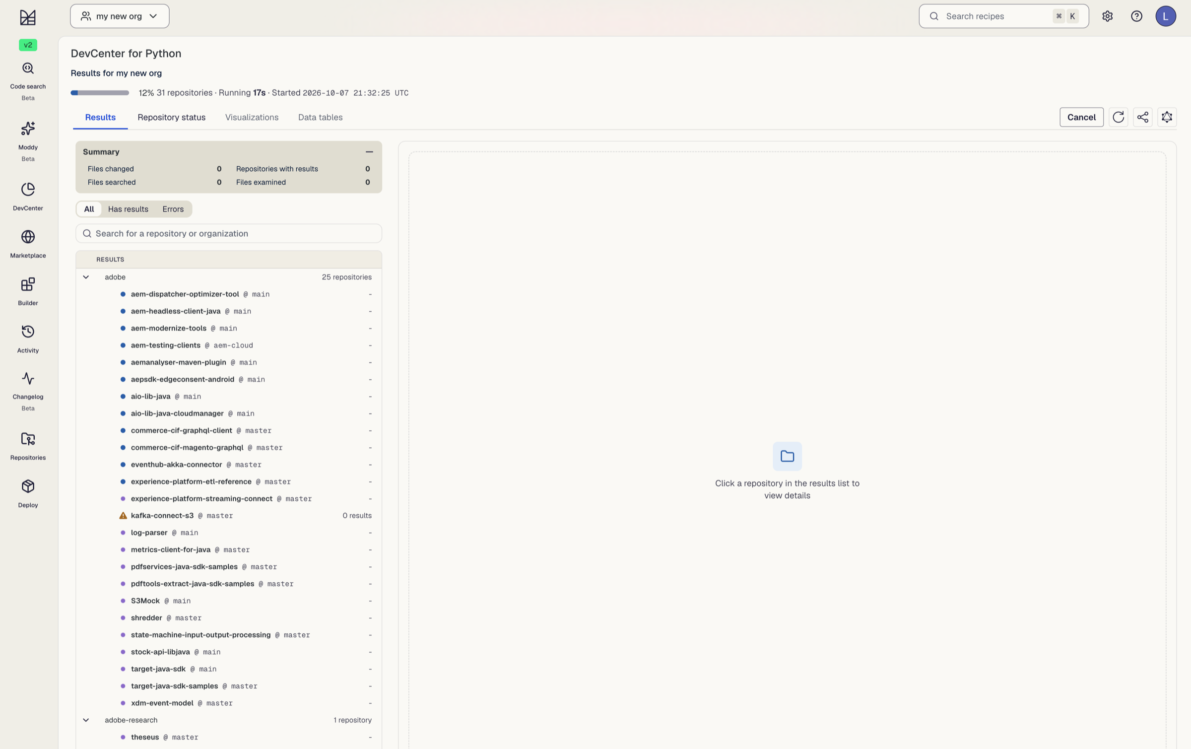 The Moderne DevCenter for Python, showing a modernization run in progress across an organization’s repositories.