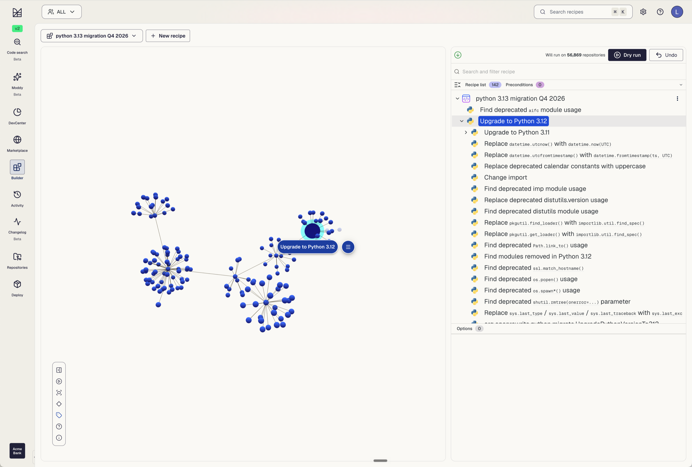 The Moderne recipe builder for a Python 3.13 migration, showing the dependency graph and composed recipe list.