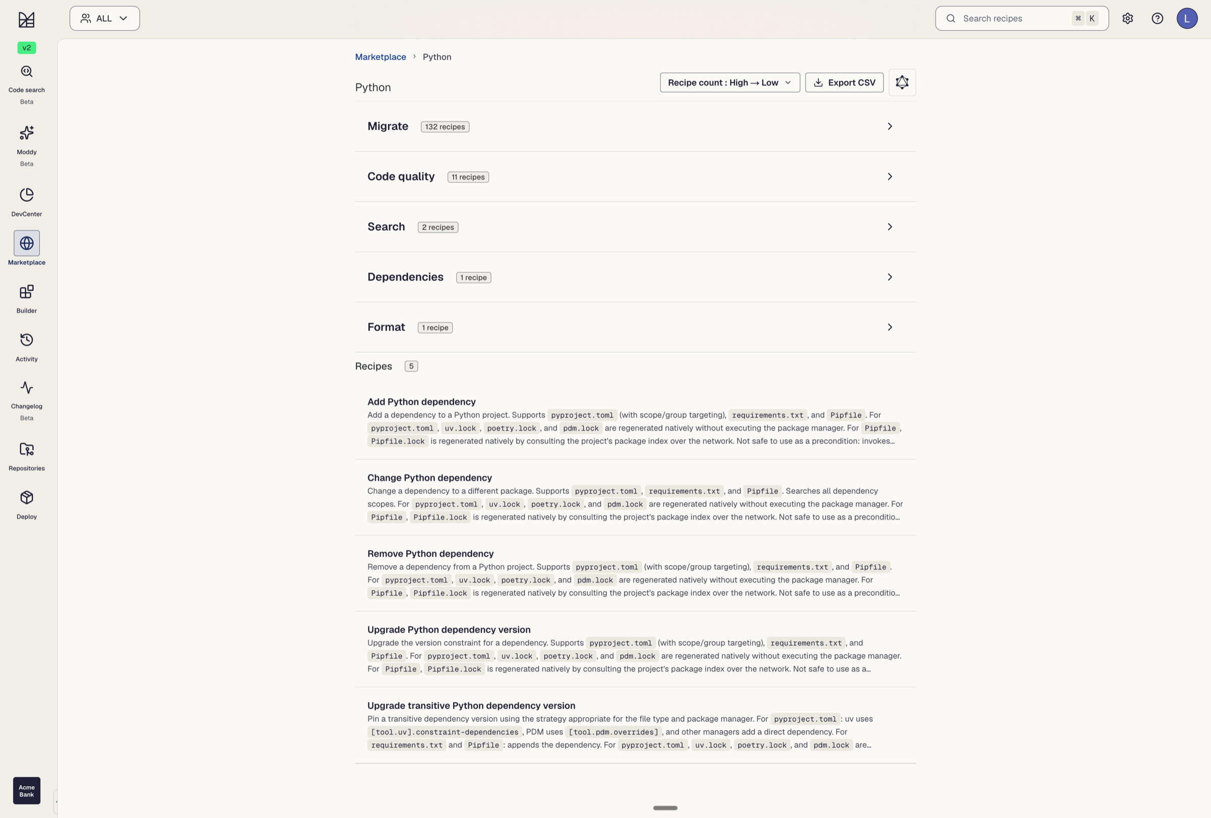 The Moderne marketplace for Python, listing recipe categories for migration, code quality, search, dependencies, and formatting.