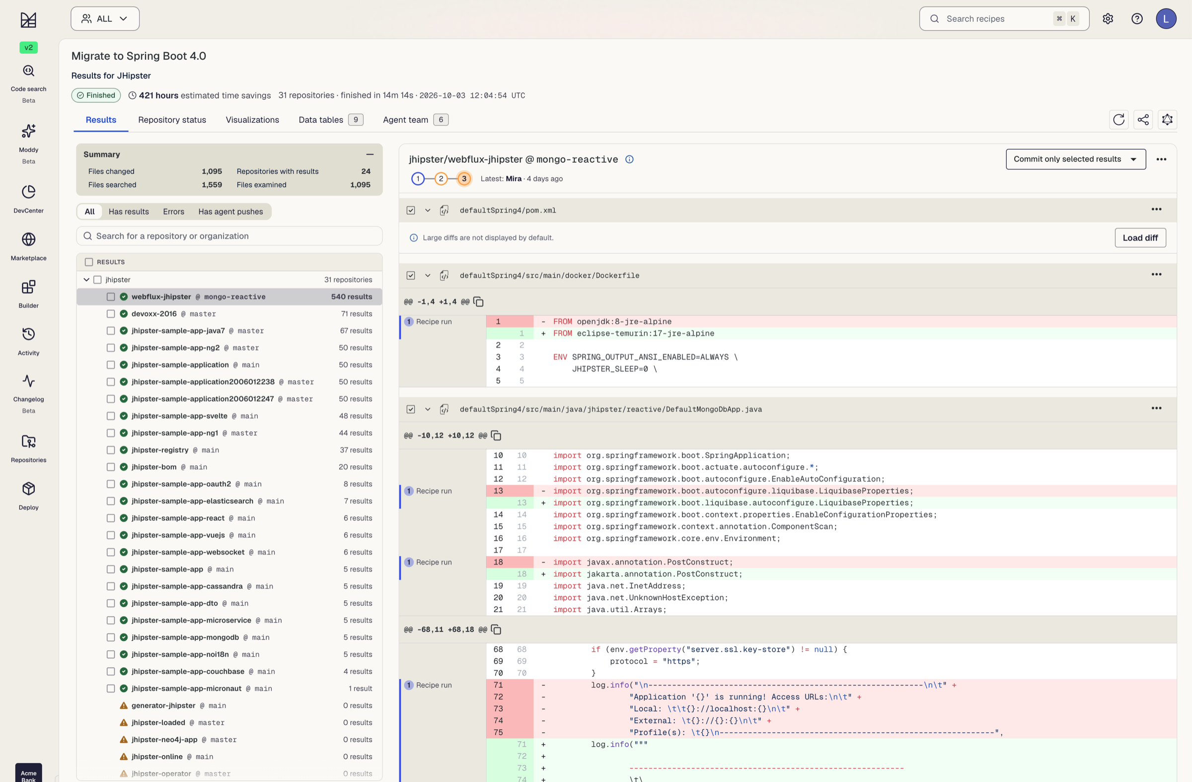 A “Migrate to Spring Boot 4.0” recipe run on JHipster repositories, showing reviewable code diffs.