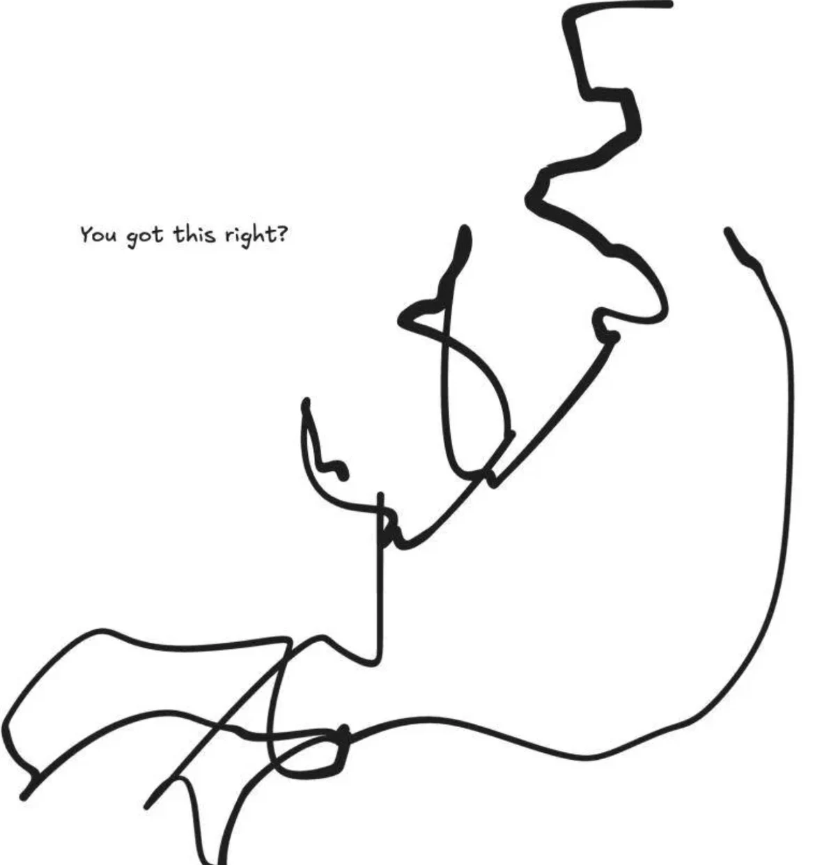A chaotic single hand-drawn line — the actual shape of a Spring Boot 2 to 3 to 4 migration — with the handwritten note "You got this right?"